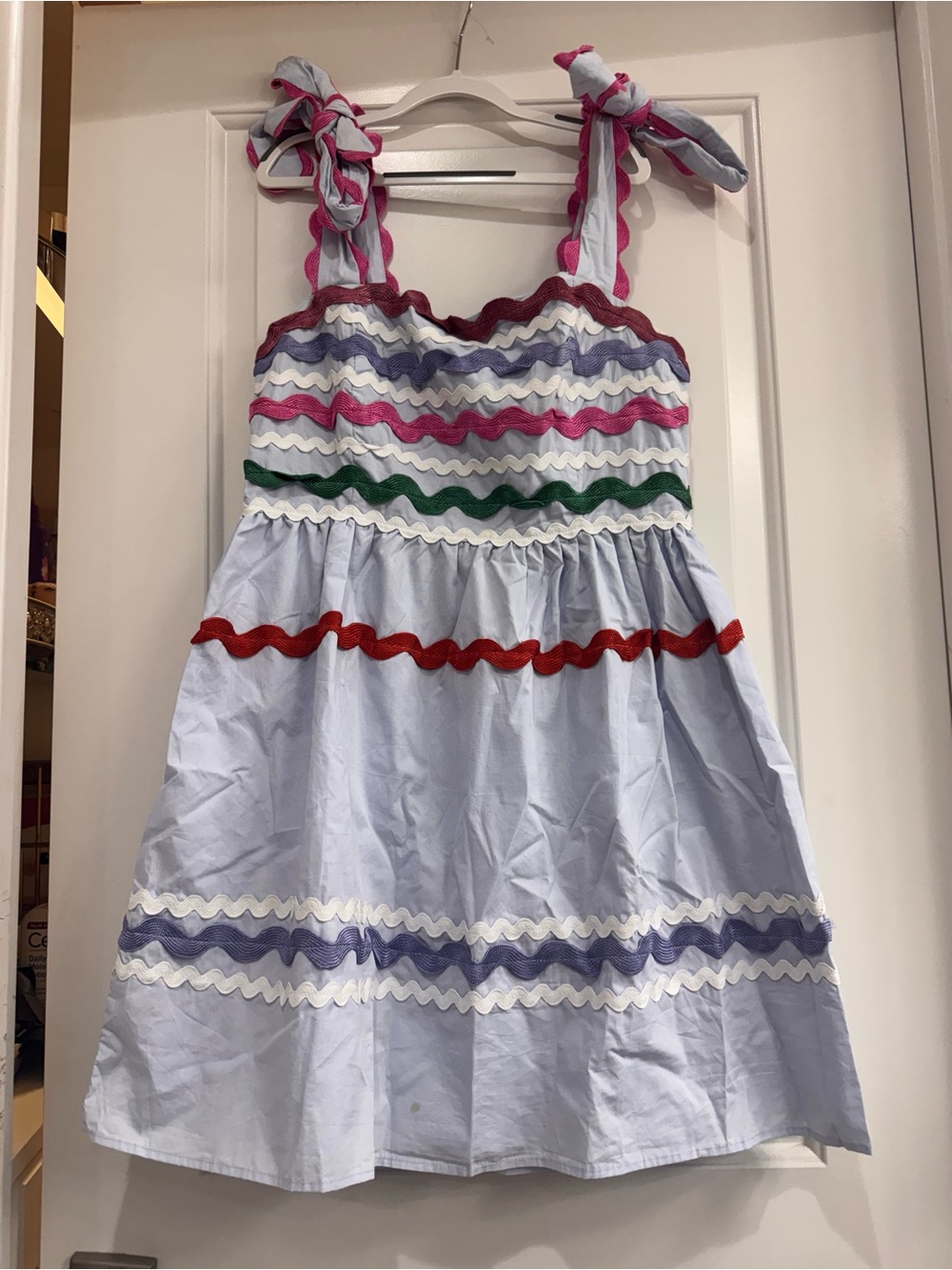 Light Blue Ric Rac Tie-Shoulder Sundress - Multicolor Trim